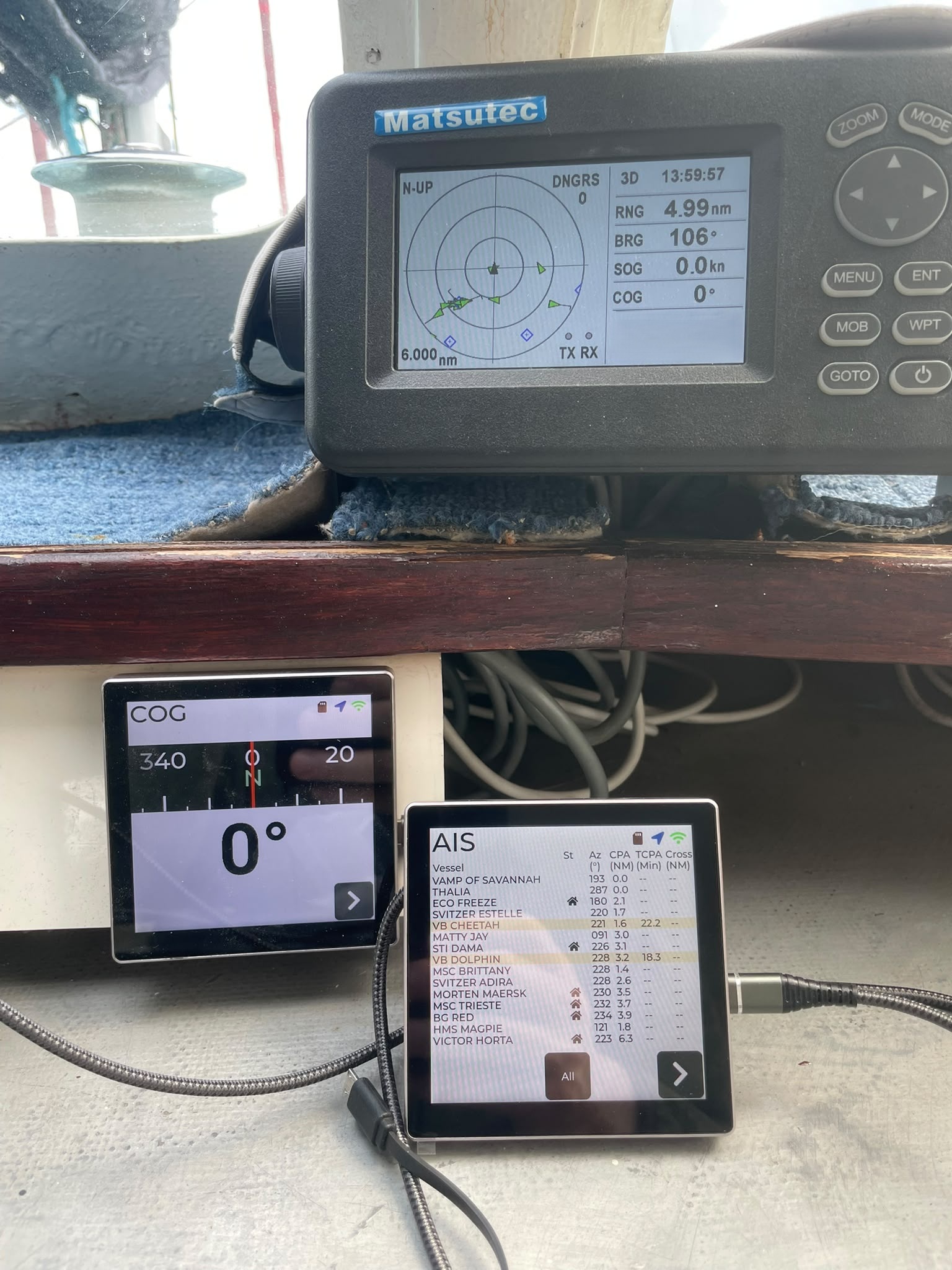 Test setup: Matsutec HP 528A AIS receiver on the shelf above, with two NMEATouch20 units below showing COG and AIS screens. VB DOLPHIN is highlighted in pink as a close-approach vessel.
