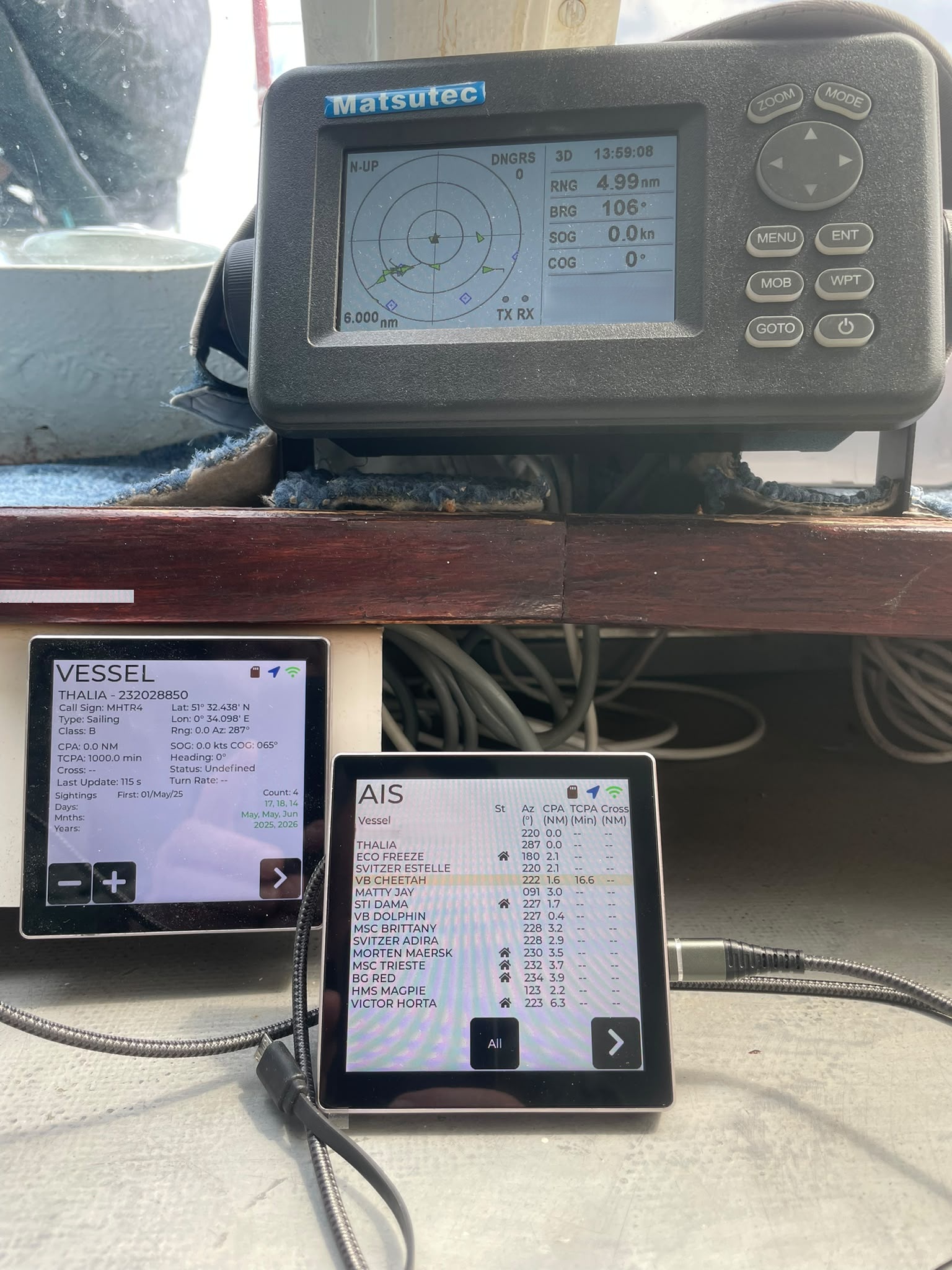 NMEATouch20 vessel detail screen showing THALIA (a sailing yacht) with encounter history: 4 sightings across May and June 2025 and 2026.